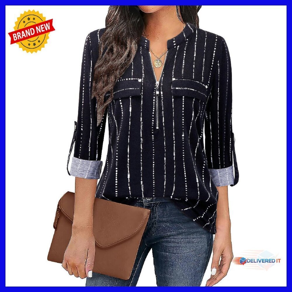 3/4 Sleeve Zipper V-Neck Blouse Business Casual Tunic Soft Cotton